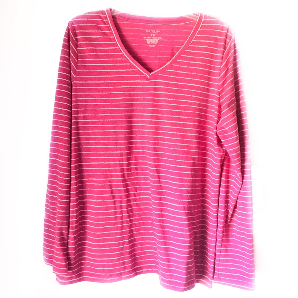 Sonoma pink and white stripe can neck tee